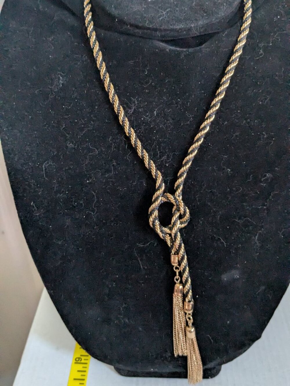 GUESS Gold Black Twisted Rope Chain Knotted Tassel Necklace